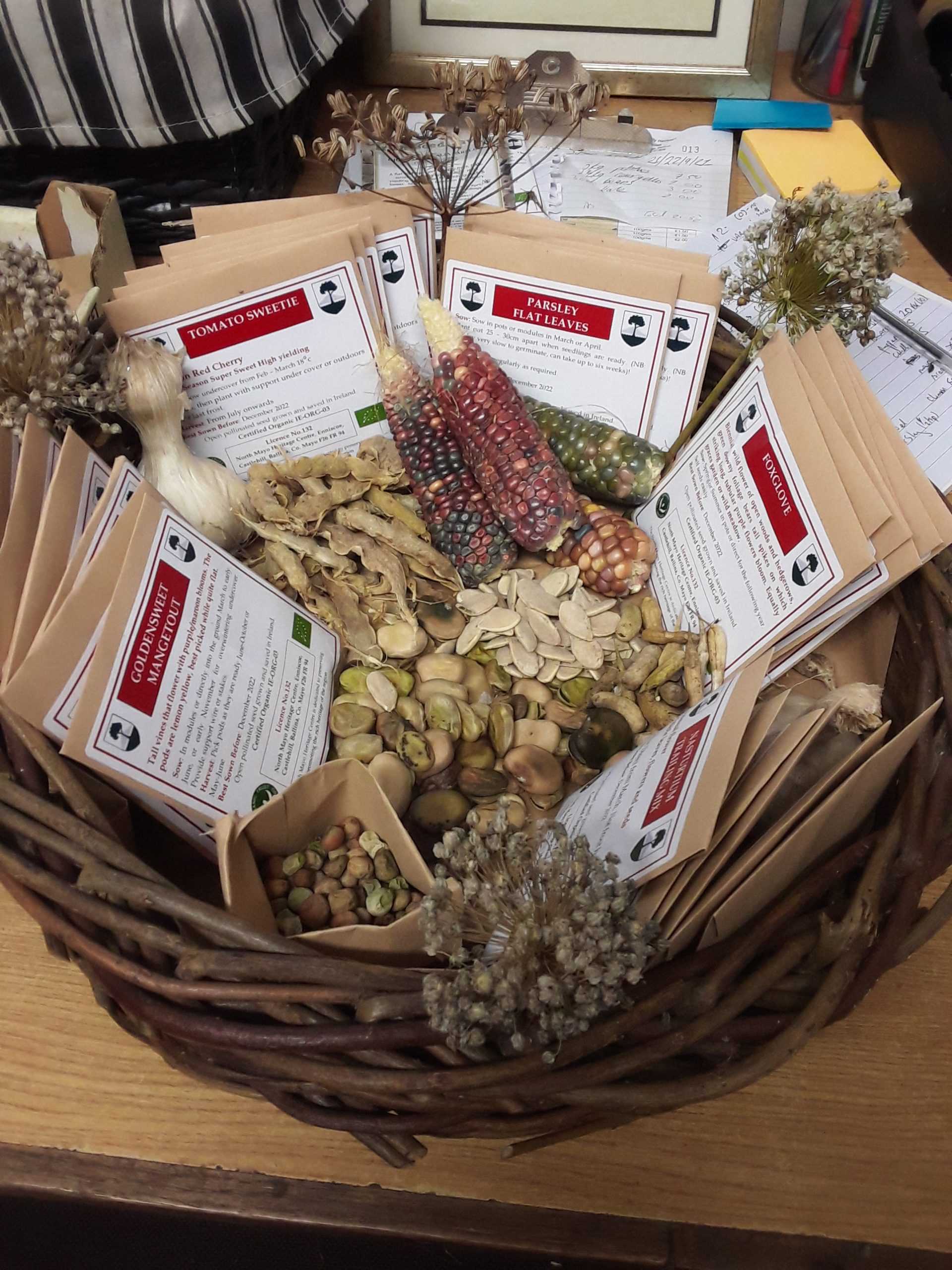 Basket of organic seeds produced on-site